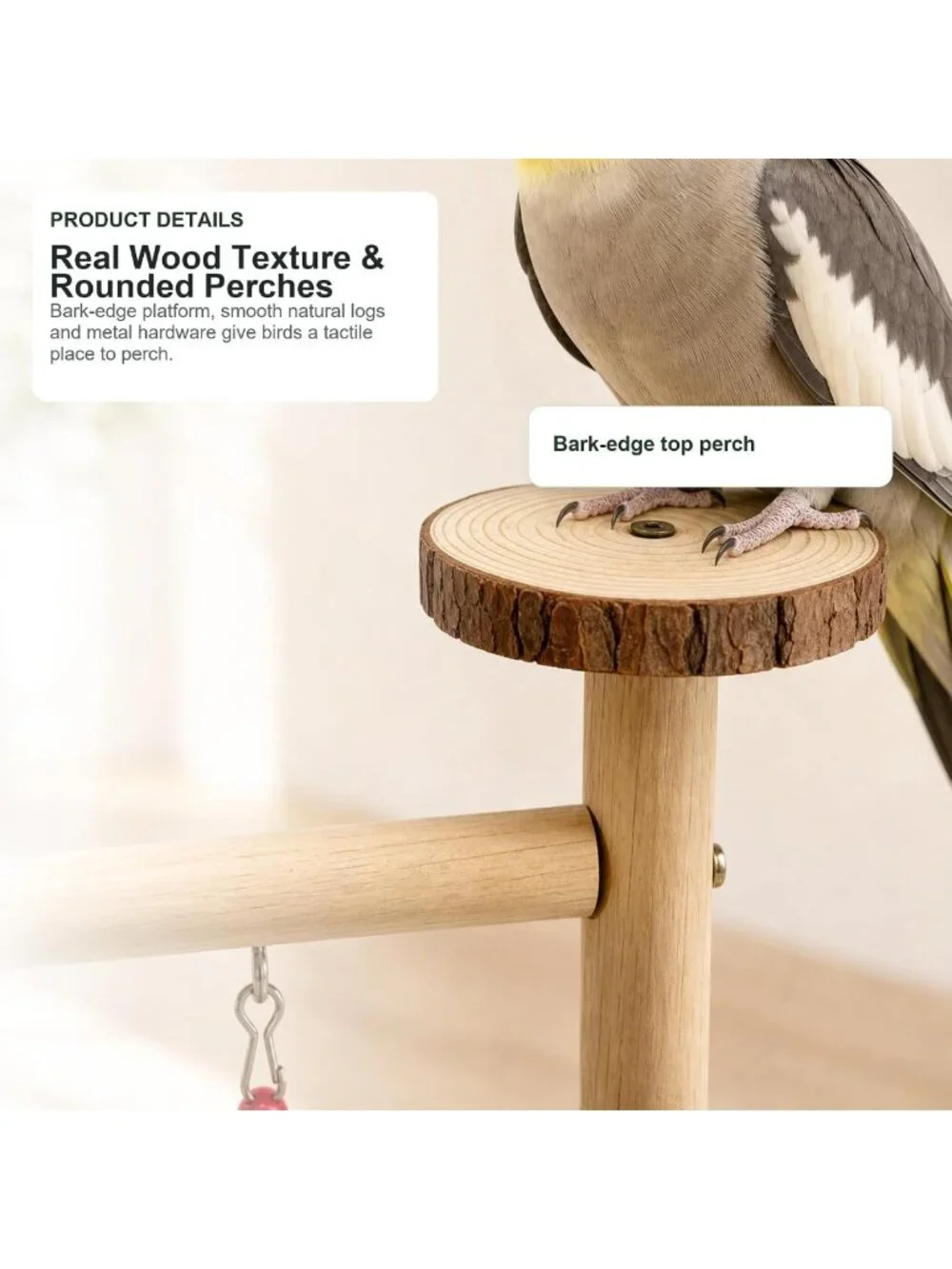Natural Wood Bird Playground Stand with Ladder, Swing, Food & Water Bowls for
